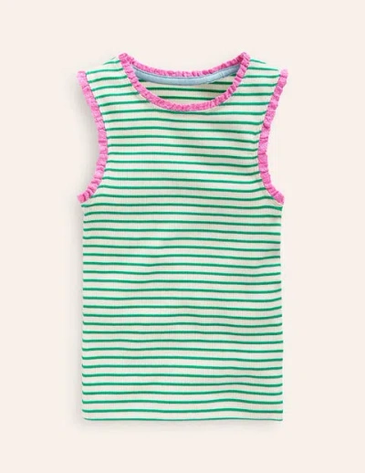 Mini Boden Kids' Ribbed Lace Trim Vest Ivory/ Jade Green Stripe Girls Boden