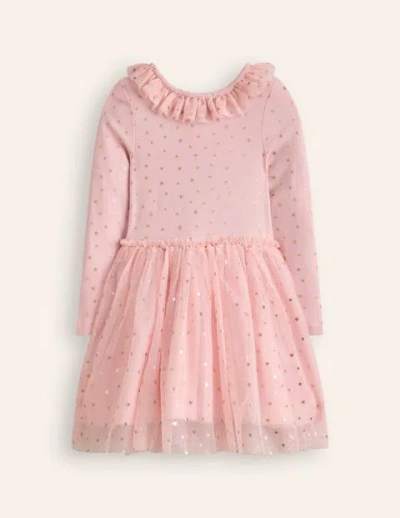 Mini Boden Kids' Rose Twirly Tulle Dress Chalk Pink Multi Rainbow Stars Girls Boden In Chalk Pink Gold Stars