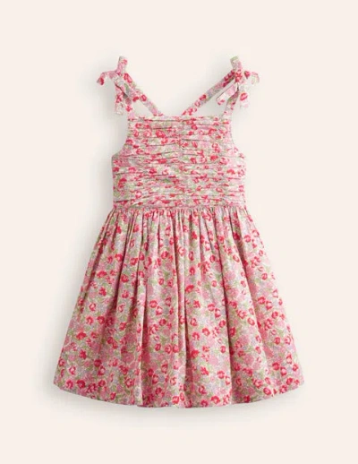 Mini Boden Kids' Ruched Cotton Linen Dress Bubblegum Peony Floral Girls Boden