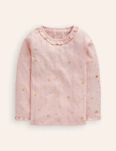 Mini Boden Kids' Ruffle Sparkle Pointelle Chalk Pink Gold Foil Star Girls Boden