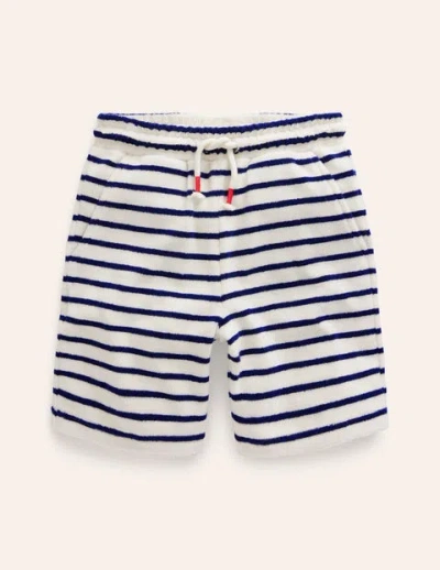 Mini Boden Kids' Shark Towelling Shorts Greek Blue/ Ivory Stripe Boys Boden In White