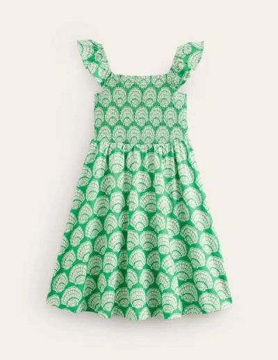 Mini Boden Kids' Shirred Jersey Dress Pea Green Seashells Girls Boden