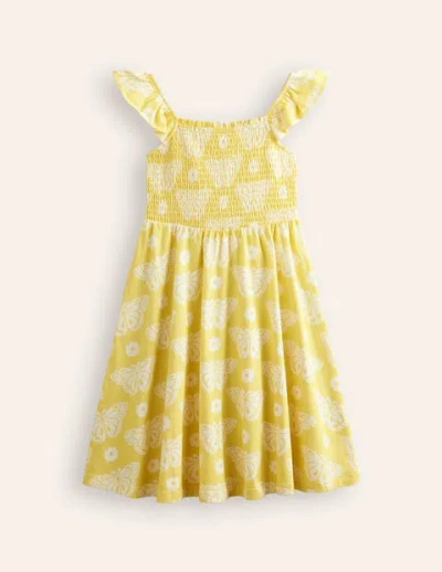 Mini Boden Kids' Shirred Jersey Dress Yellow Butterfly Stamp Girls Boden