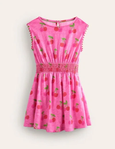 Mini Boden Kids' Shirred Waist Jersey Dress Pink Cherries Girls Boden