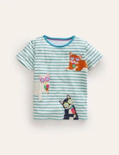 Mini Boden Kids' Short Sleeve Appliqué T-shirt Ivory/ Blue Ice Cream Cat Girls Boden