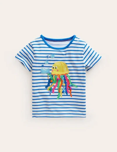 Mini Boden Kids' Short Sleeve Appliqué T-shirt Ivory/ Corsica Blue Jellyfish Girls Boden
