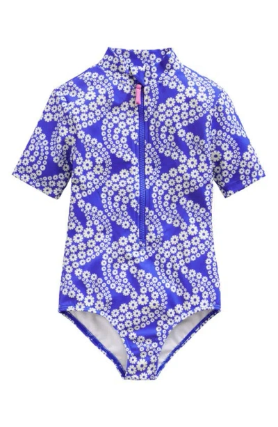 Mini Boden Kids' Short Sleeve One-piece Rashguard Swimsuit In Dazzling Blue Daisy Wave