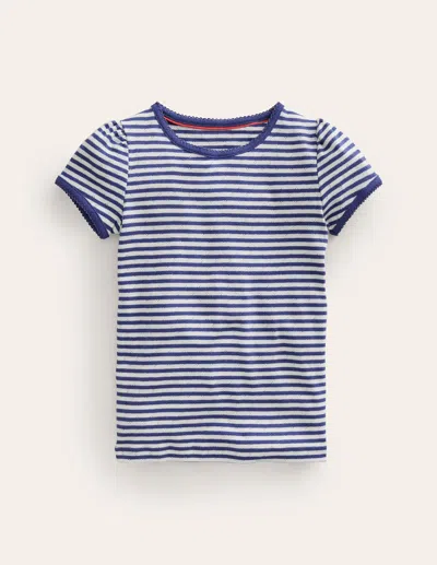Mini Boden Kids' Short Sleeve Pointelle Top Soft Ivory/starboard Stripe Girls Boden