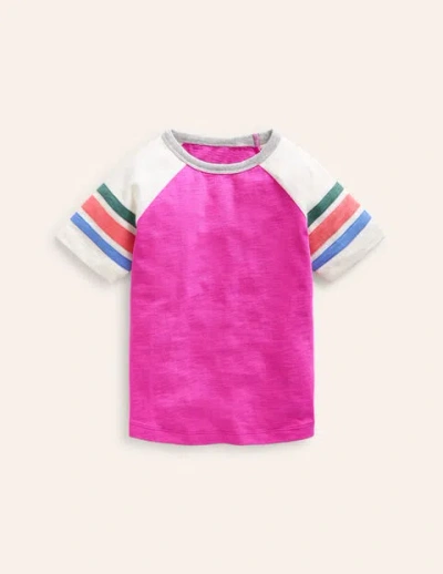 Mini Boden Kids' Short Sleeve Raglan T-shirt Penelope Pink/ Rainbow Stripe Boys Boden