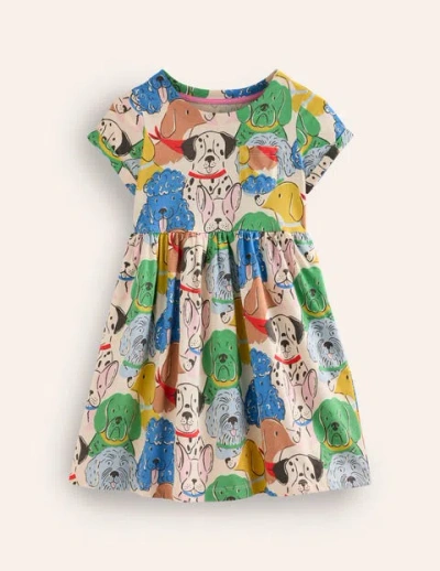 Mini Boden Kids' Short-sleeved Fun Jersey Dress Multi Coloured Dogs Girls Boden