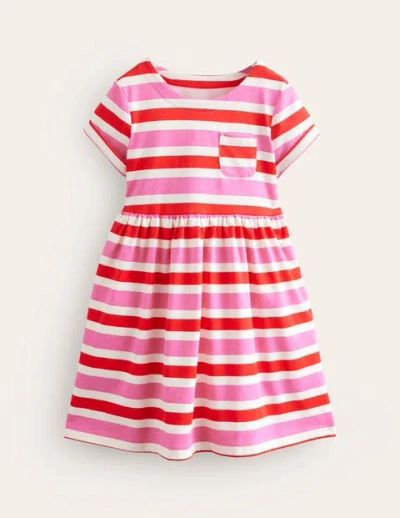 Mini Boden Kids' Short-sleeved Fun Jersey Dress Poppy Red/ Pink Stripe Girls Boden