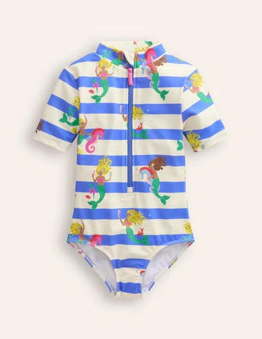 Mini Boden Kids' Short-sleeved Swimsuit Surf Blue Mermaid Stripe
