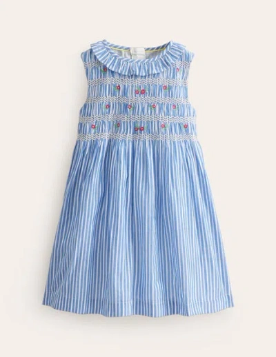 Mini Boden Kids' Smocked Bodice Dress Mid Blue Leno Stripe Girls Boden