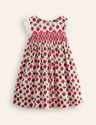 Mini Boden Kids' Smocked Lace Trim Dress Vintage Strawberry Stamp Girls Boden