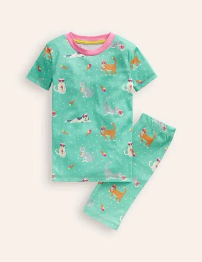 Mini Boden Kids' Snug Short John Pajamas Aqua Sea Blue Holiday Cats Girls Boden In Gray