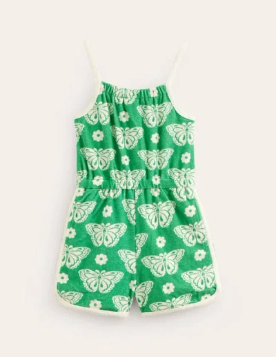 Mini Boden Kids' Strappy Towelling Romper Pea Green Butterfly Stamp Girls Boden