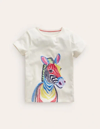 Mini Boden Kids' Superstitch Logo T-shirt Ivory Multi Zebra Girls Boden In White