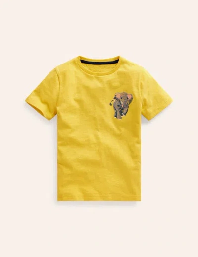 Mini Boden Kids' Superstitch Logo T-shirt Zest Yellow Elephant Girls Boden