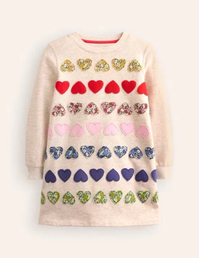 Mini Boden Kids' Sweatshirt Appliqué Dress Oatmeal Marl Heart Girls Boden