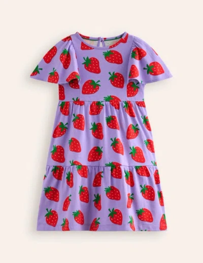 Mini Boden Kids' Tiered Flutter Jersey Dress Parma Violet Strawberries Girls Boden In Purple