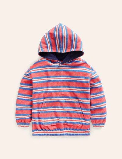 Mini Boden Kids' Towelling Hoodie Jam Red/ Cabana Blue Stripe Boys Boden In Pink