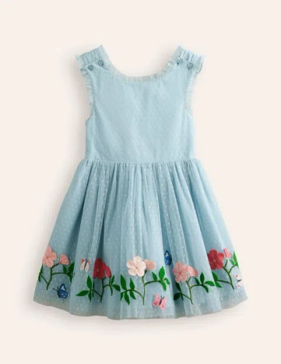 Mini Boden Kids' Tulle Cross-back Dress Vintage Blue Flowers Girls Boden