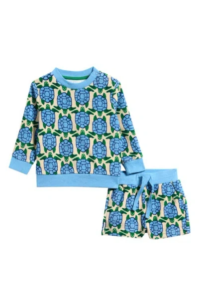 Mini Boden Babies'  Turtle Print Cotton Blend French Terry Sweatshirt & Shorts Set In Blue