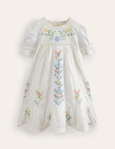 Mini Boden Kids' Twirly Embroidered Dress Ivory Flowers Girls Boden