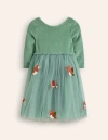 Mini Boden Velvet Tulle Appliqué Dress Eucalyptus Robins Girls Boden In Eucalyptus Robins