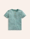 MINI BODEN Washed Cotton Henley T-shirt Green Spruce/ Ivory Stripe Girls Boden
