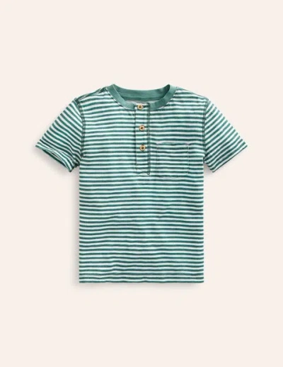 Mini Boden Kids' Washed Cotton Henley T-shirt Green Spruce/ Ivory Stripe Girls Boden