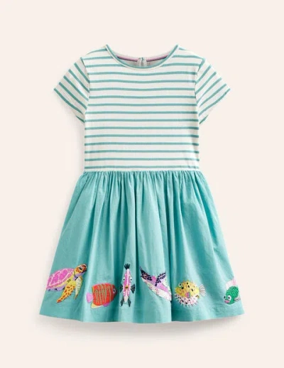 Mini Boden Kids' Woven Mix Appliqué Dress Georgian Blue/ Vanilla Sealife Girls Boden