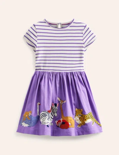 Mini Boden Kids' Woven Mix Appliqué Dress Lilac Purple/ Vanilla Animals Girls Boden