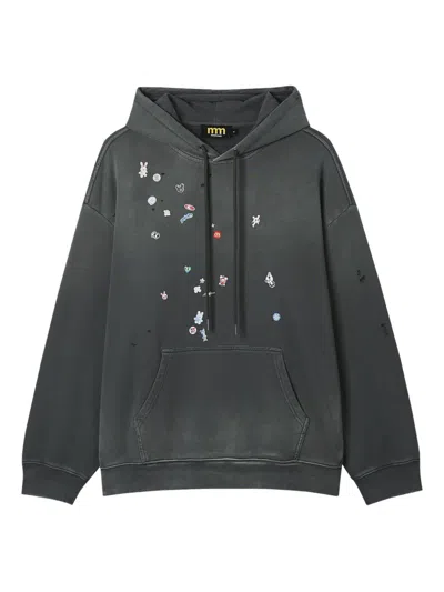 Mini Cream Appliqué Distressed Hoodie In Gray