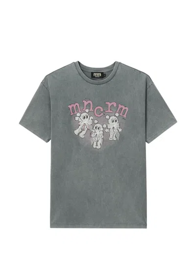 Mini Cream Bow-detail Graphic-print T-shirt In Gray