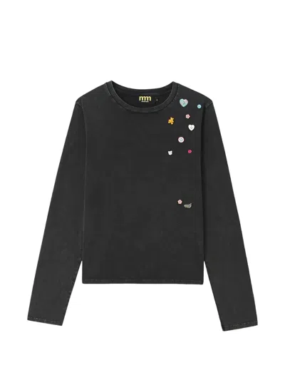 Mini Cream Button-embellished T-shirt In Black