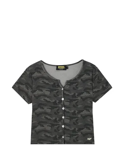 Mini Cream Camouflage-print Button-up T-shirt In Black