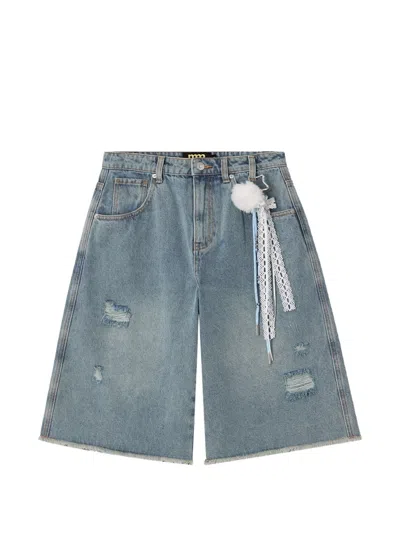 Mini Cream Distressed Raw-edge Shorts In Blue