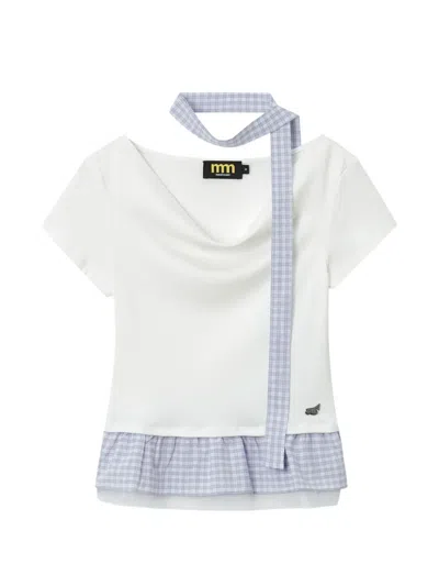 Mini Cream Gingham-check Ruffled Blouse In Blue