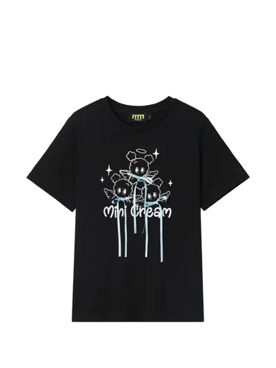Mini Cream Graphic-print Bow-details Cotton T-shirt In Black