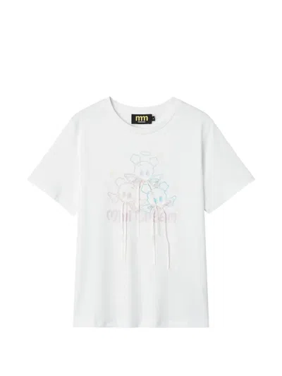 Mini Cream Graphic-print Bow-details Cotton T-shirt In White