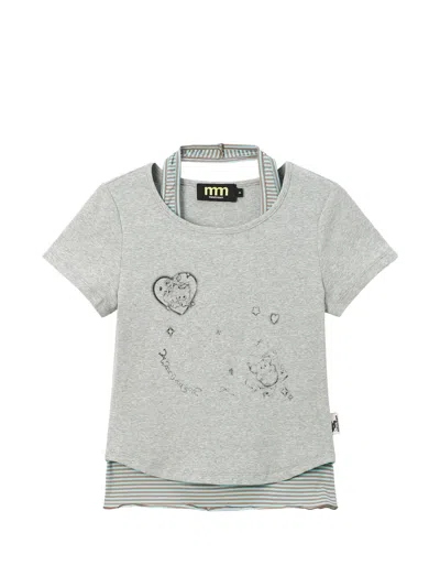 Mini Cream Graphic-print Layered T-shirt In Gray