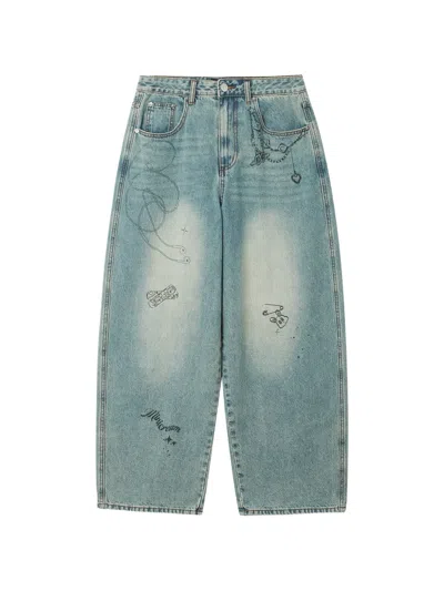 Mini Cream Graphic-print Wide-leg Jeans In Blue