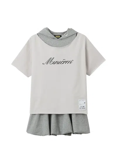 Mini Cream Hooded Raw-cut Dress In Gray