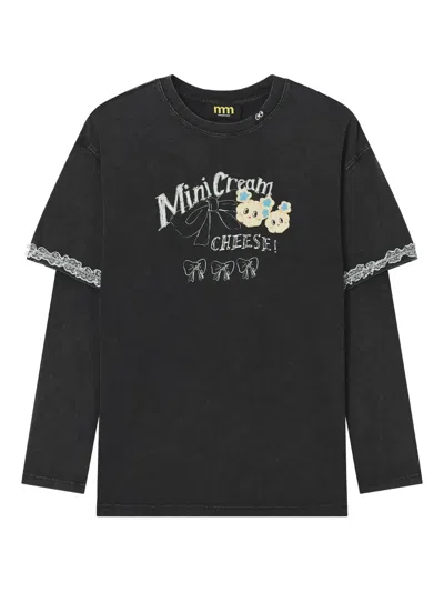 Mini Cream Lace Trim Long-sleeve Top In Black