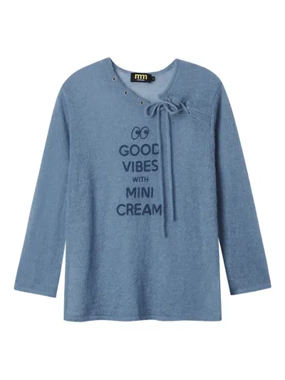 Mini Cream Lace-up Neck Jumper In Blue