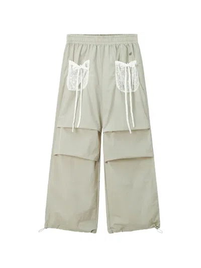 Mini Cream Lace-pocket Wide-leg Trousers In Neutral