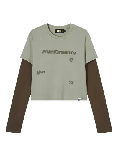 Mini Cream Layered Graphic Top In Green