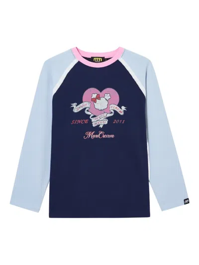 Mini Cream Raglan Printed Top In Blue