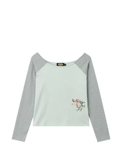 Mini Cream Raglan-sleeve Off-shoulder T-shirt In Gray